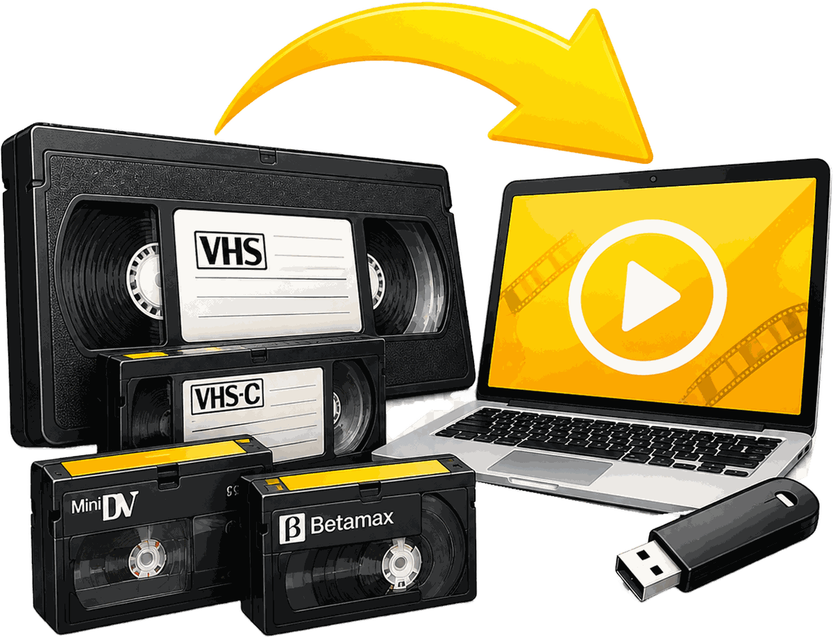 Кассеты VHS, VHS-C, MiniDV и Betamax, стрелка к ноутбуку с видео и флешка — оцифровка видеокассет